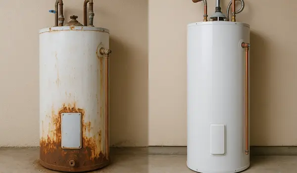 a rusted water heater next to a brand new water heater in Cedar Park, TX - Bathroom Plumbing Pipe Redesign