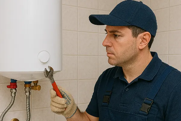 a male plumber working on a water heater mounted on the wall in Cedar Park, TX - Bathroom Plumbing Pipe Redesign