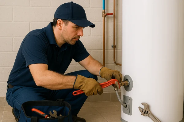 a male plumber working on a water heater connection in Cedar Park, TX - Bathroom Plumbing Pipe Redesign