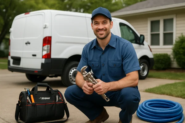 a male plumber smiling and posing for the camera in Cedar Park, TX - Bathroom Plumbing Pipe Redesign