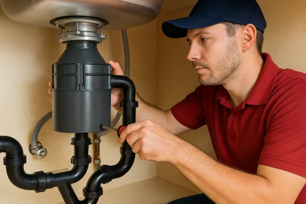 a male plumber using a screwdriver to fix a garbage disposal in Cedar Park, TX - Bathroom Plumbing Pipe Redesign