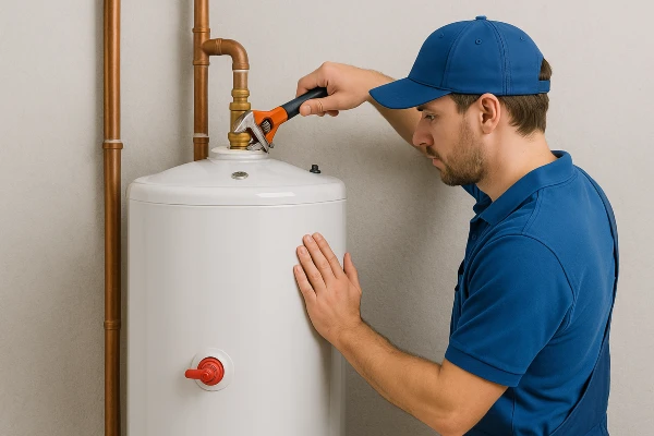 a male plumber installing a garbage disposal in Cedar Park, TX - Burst Pipe Repair a male plumber installing a garbage disposal in Cedar Park, TX - Burst Pipe Repair