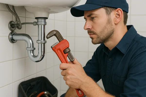 a male plumber installing a water heater in Cedar Park, TX - Kitchen Sink Installation a male plumber installing a water heater in Cedar Park, TX - Kitchen Sink Installation