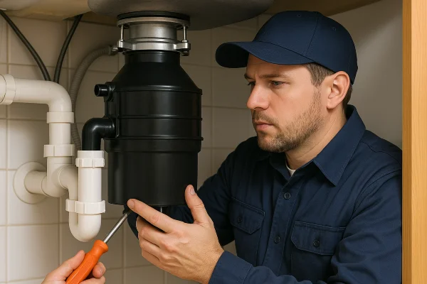 a technician working on a garbage disposal in Cedar Park, TX - Residential Plumbing Services a technician working on a garbage disposal in Cedar Park, TX - Residential Plumbing Services