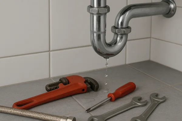 a sink water leak and plumbing tools on the floor in Cedar Park, TX - Residential Plumbing Services a sink water leak and plumbing tools on the floor in Cedar Park, TX - Residential Plumbing Services