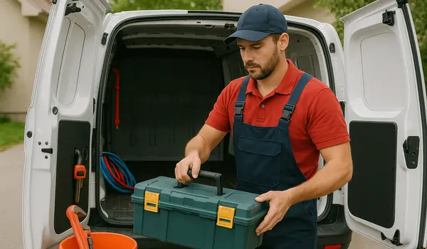 a plumbing technician putting his toolbox back in his van in Cedar Park, TX - Water Leak Detection