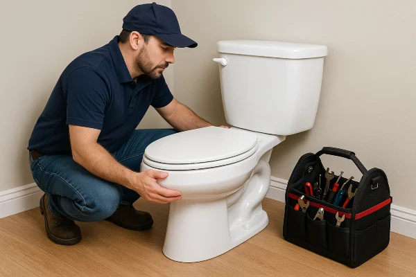 a plumber checking a toilet in Cedar Park, TX - Water Leak Detection