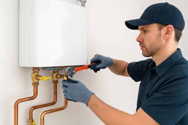 a plumber working on a tankless water heater in Cedar Park, TX - Water Leak Detection