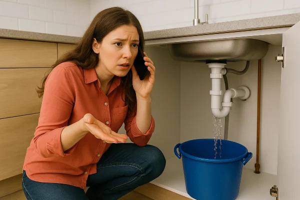 a woman on the phone about a water leak underneath her kitchen sink in Cedar Park, TX - Water Leak Detection