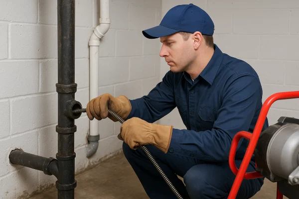 a plumber using a snake to clear a plumbing pipe in Cedar Park, TX - Water Leak Detection